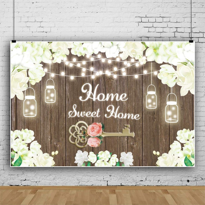 Leyiyi 5x3ft Sweet Home Backdrop Rustic Housewarming White Flower Sweet Home Key Shining Lights Wooden Floor Background for New House Party Decorations Vinyl Photo Booth Props - Image 3